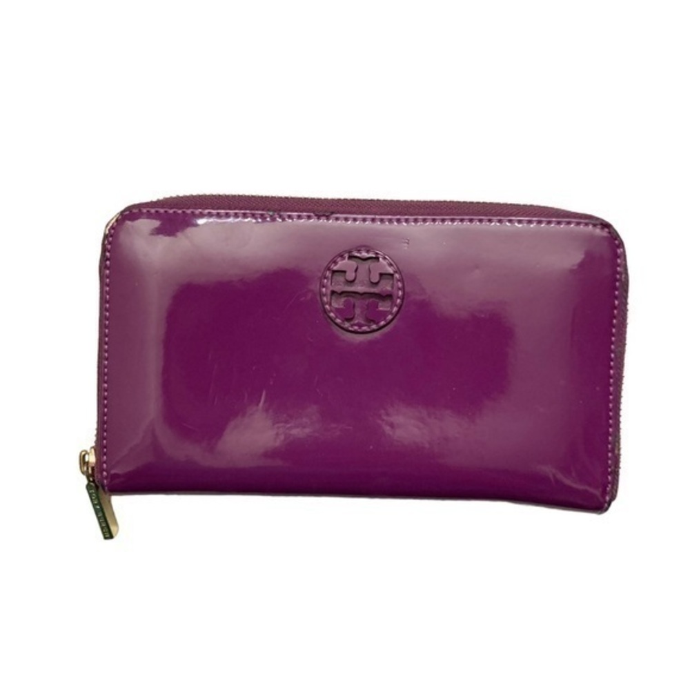 Tory Burch purple patent leather zipper clutch wallet